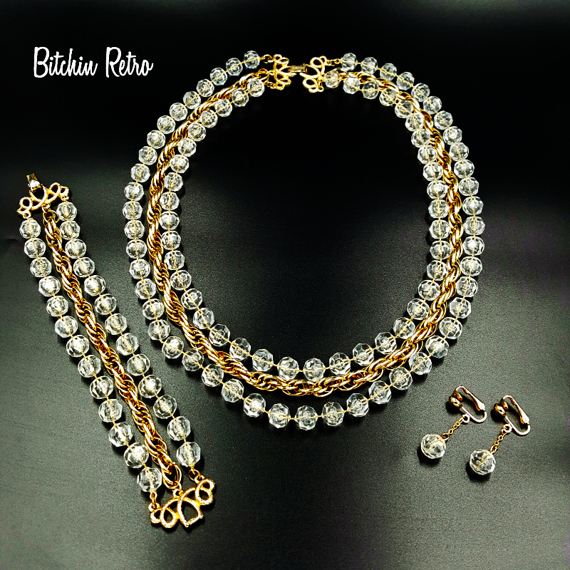 Vintage Sarah Coventry Bead and Gold Chain Necklace Bracelet Earrings Bitchin Retro