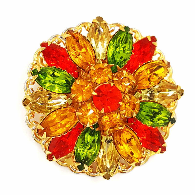 Vintage Brass Tone Gold Orange Rhinestones Summer Flower Pin Brooch - $13 -  From Jenns